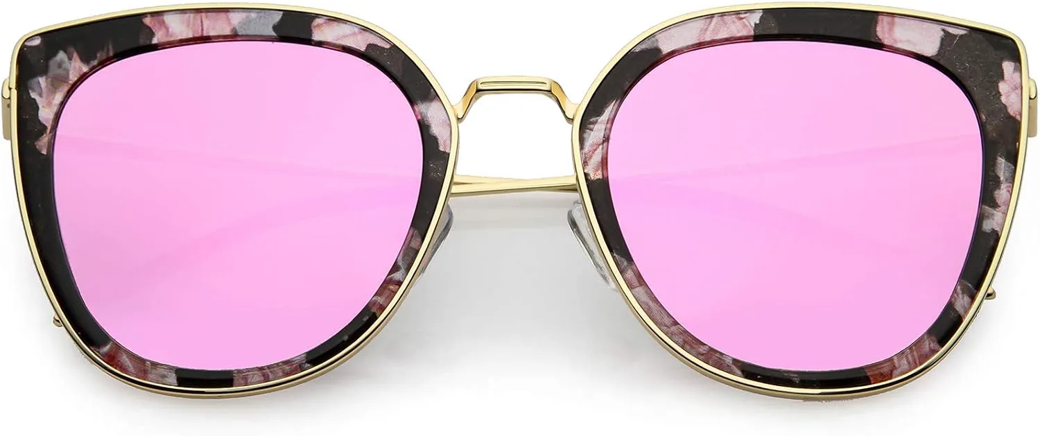 

zeroUV - Поляризованные солнцезащитные очки «кошачий глаз» для женщин, металлическая окантовка, цветные зеркальные линзы, диаметр 52 мм, Floral / Magenta Mirror