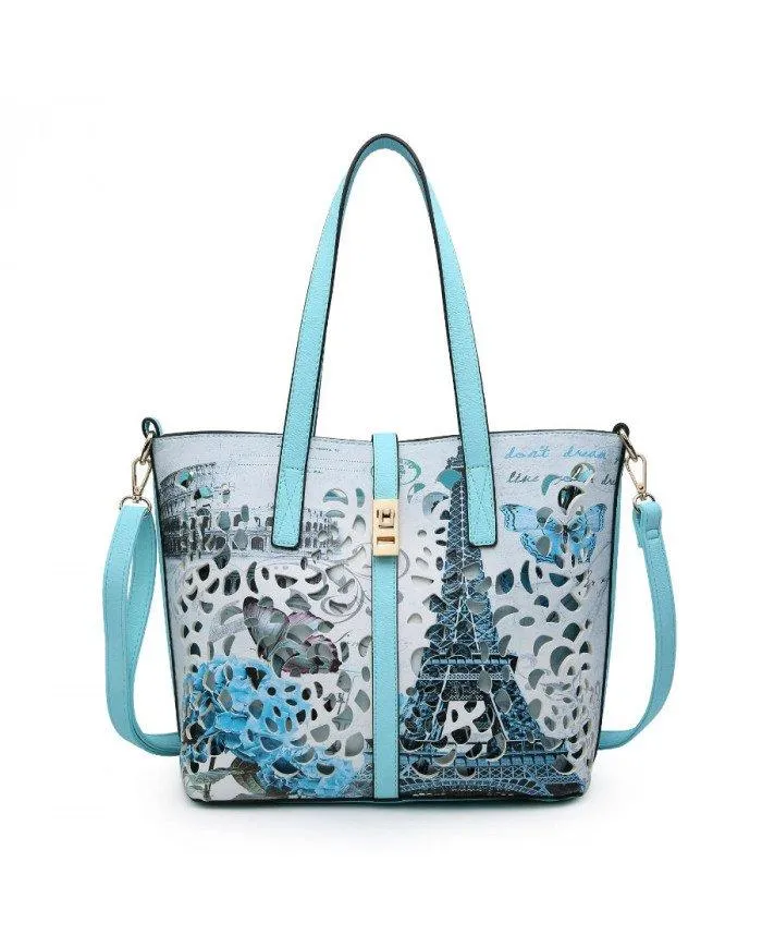 

Сумка-тоут 2-в-1 через плечо с клапаном на застежке с узором, вырезанным лазером JFY, синий