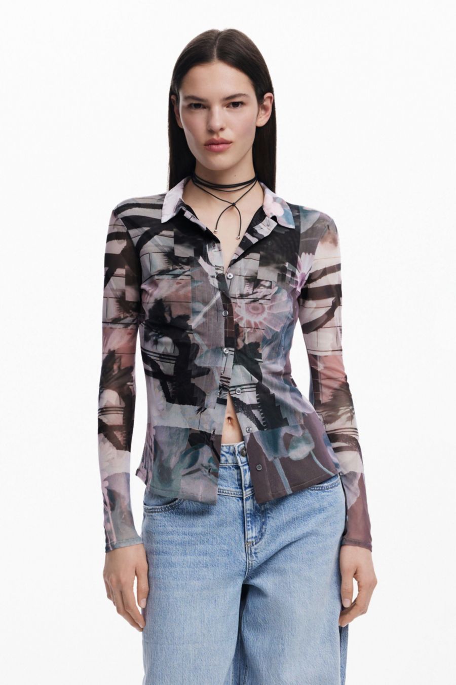 

Женская футболка из тюля на пуговицах Desigual, Neutral gray