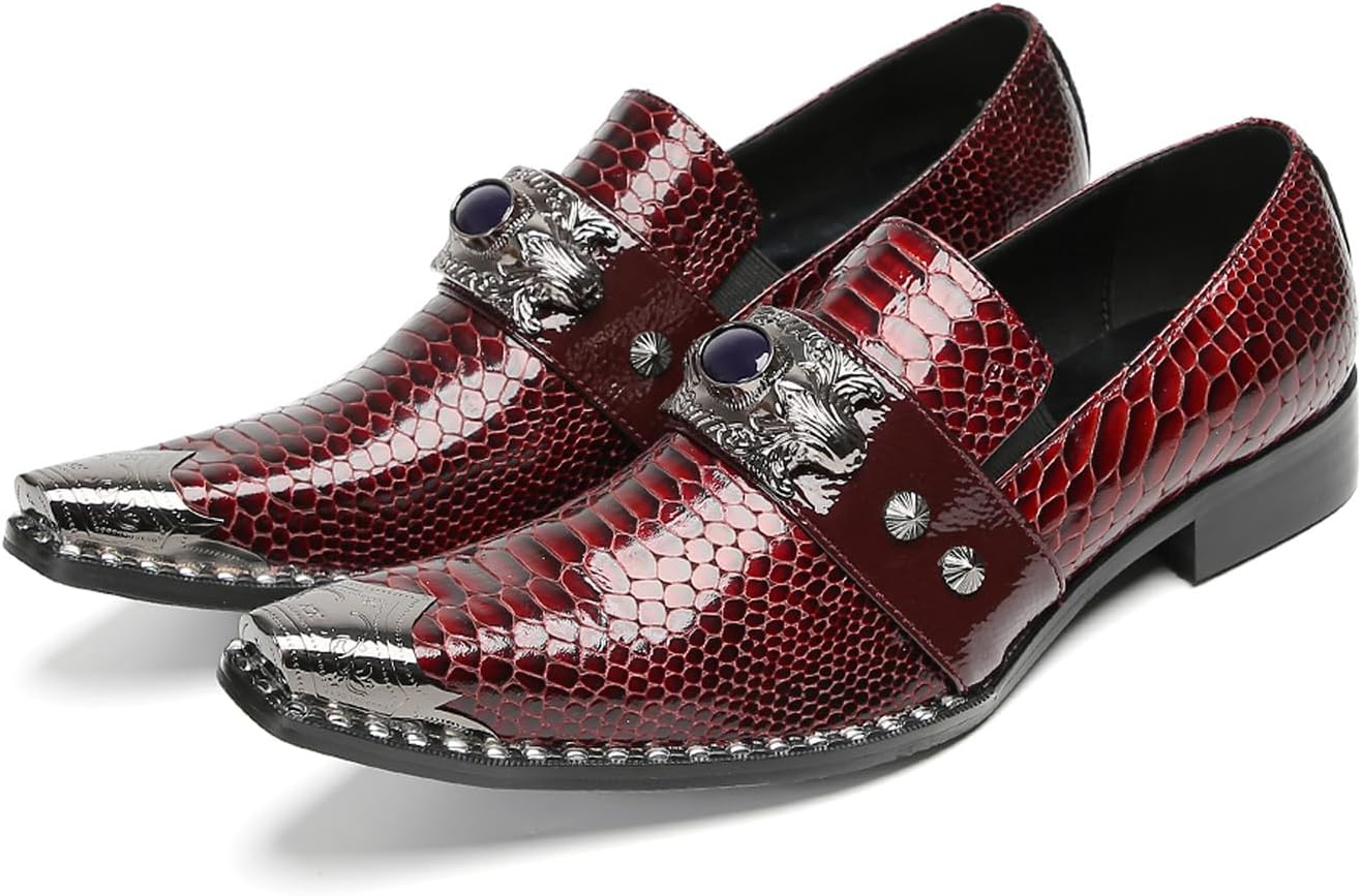 

Мужские слипоны Santimon, повседневные и нарядные лоферы - бордовая кожа с тиснением под крокодила, с металлическим заостренным носком с изображением льва и украшением из камня для роскошной свадьбы, вечеринки, бального или диско мероприятия