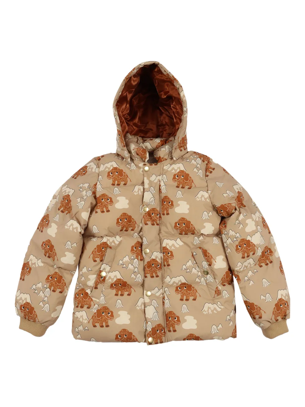 

Дутый пуховик с капюшоном и принтом мамонта Mini Rodini, коричневый