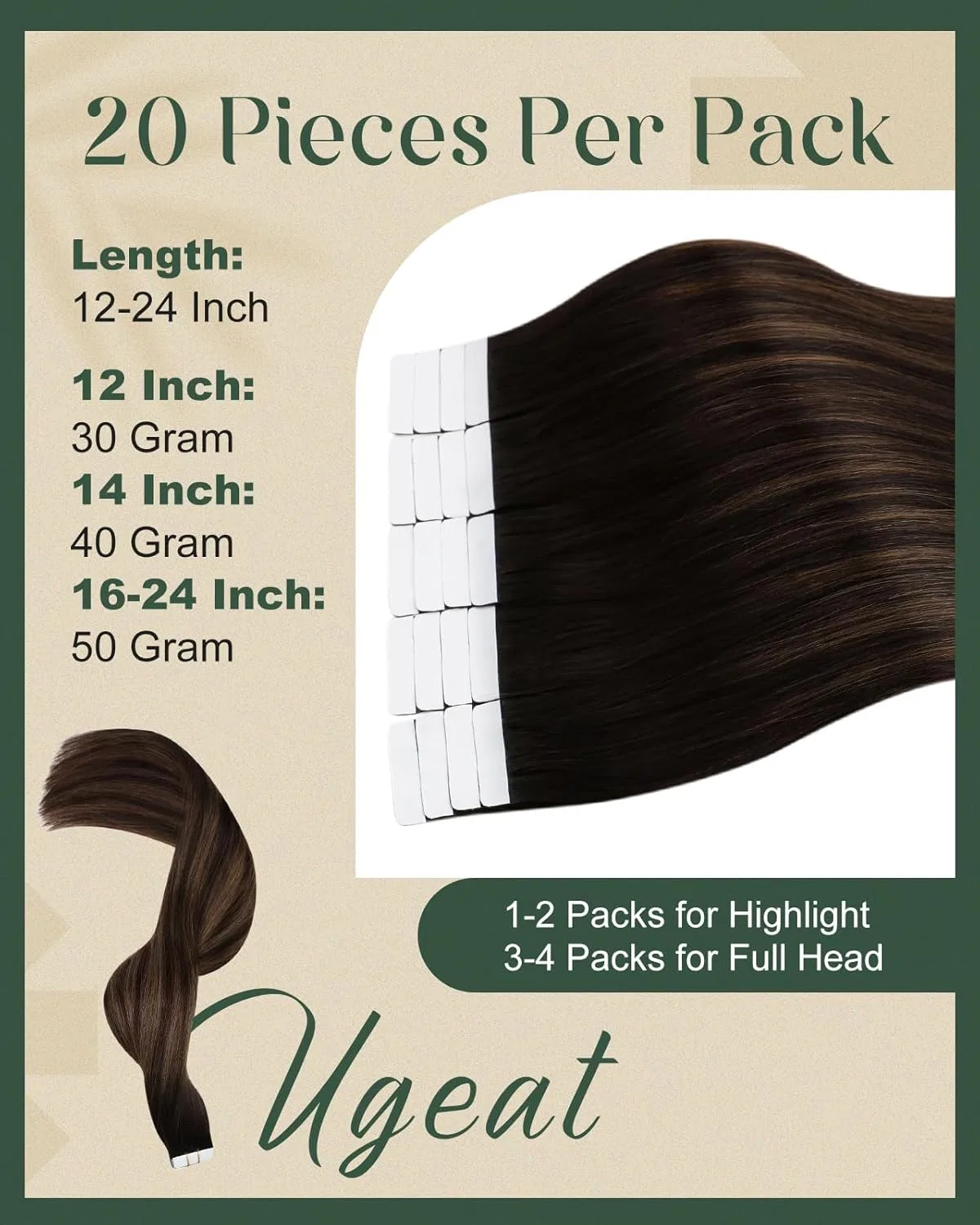 Наращивание волос на лентах из натуральных волос «Balayage Darkest Brown with Medium Brown 2/6/2» 55 см, 50 г, 20 шт. от Ugeat Ugeat — фото 4