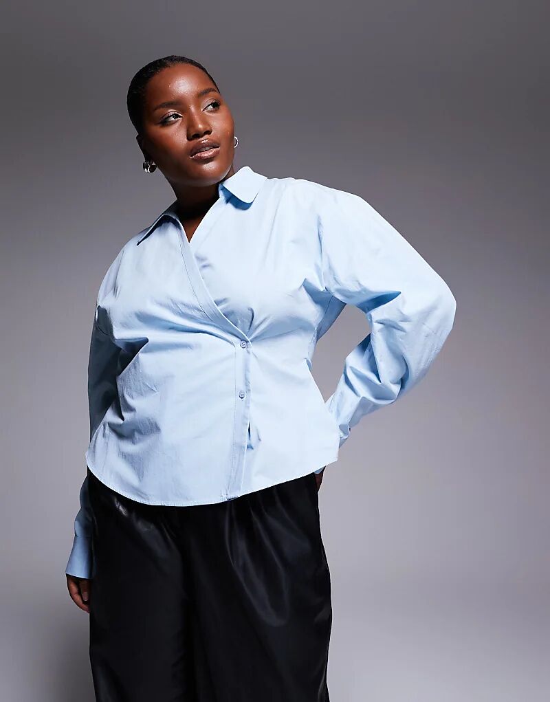 

Рубашка с запахом и рукавами-коконами ASOS DESIGN Curve синего цвета