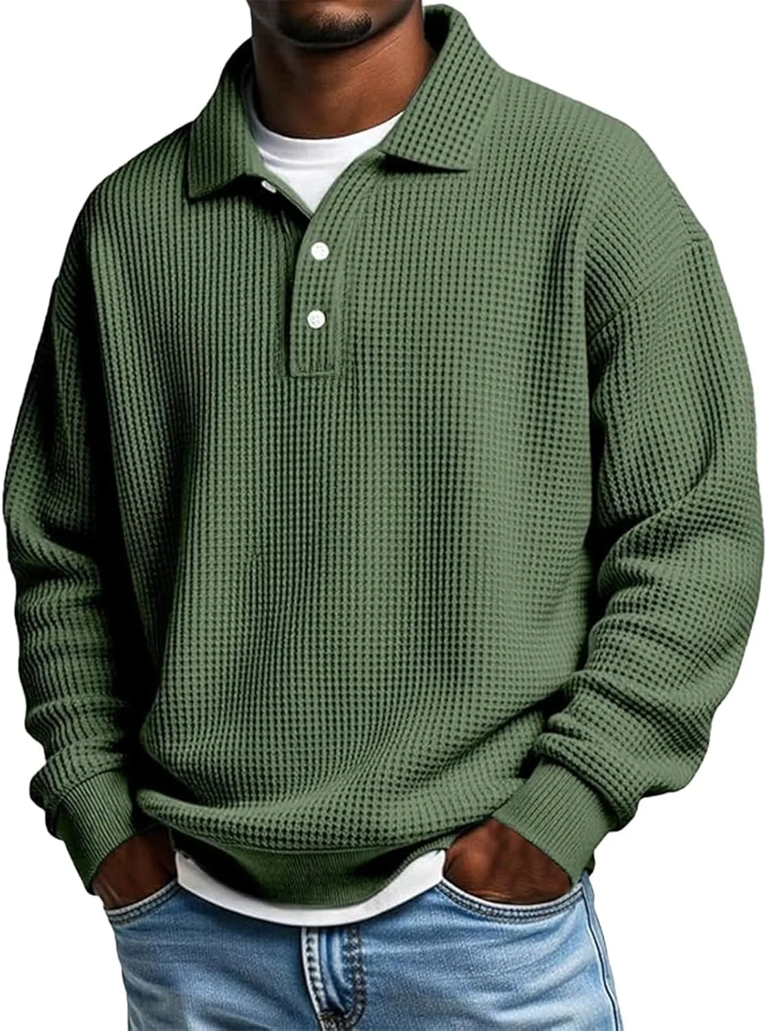 

CRNTCEM Waffle Polo футболка для мужчин, длинный рукав, кнопки