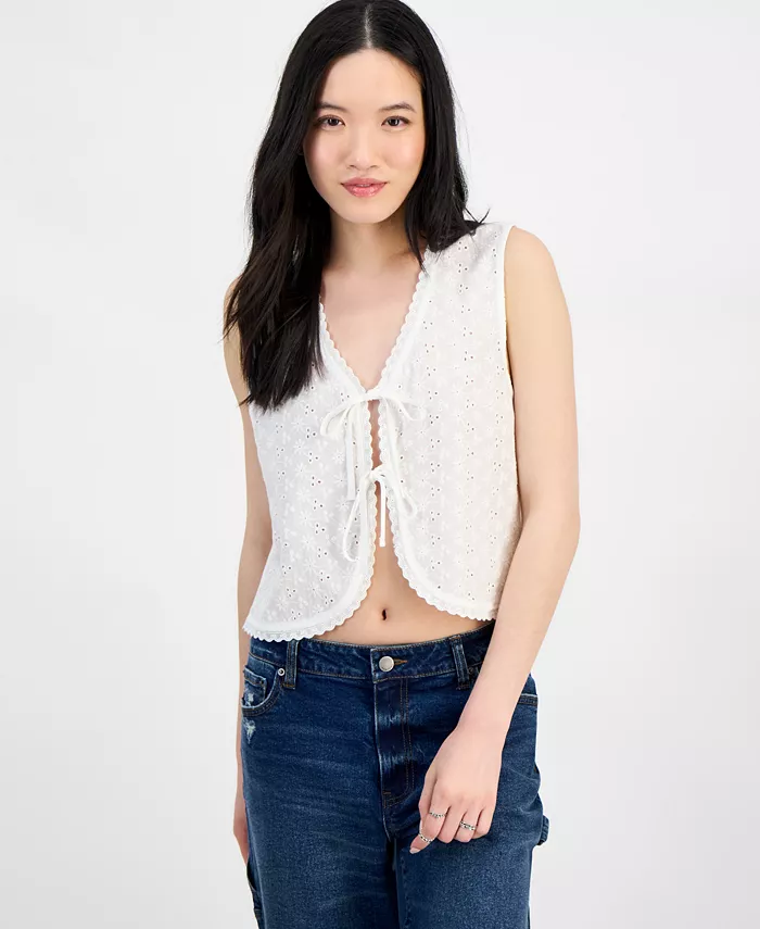 

Женский жилет с V-образным вырезом и шнуровкой Juniors' Eyelet V-Neck Tie-Front Vest Self Esteem, белый