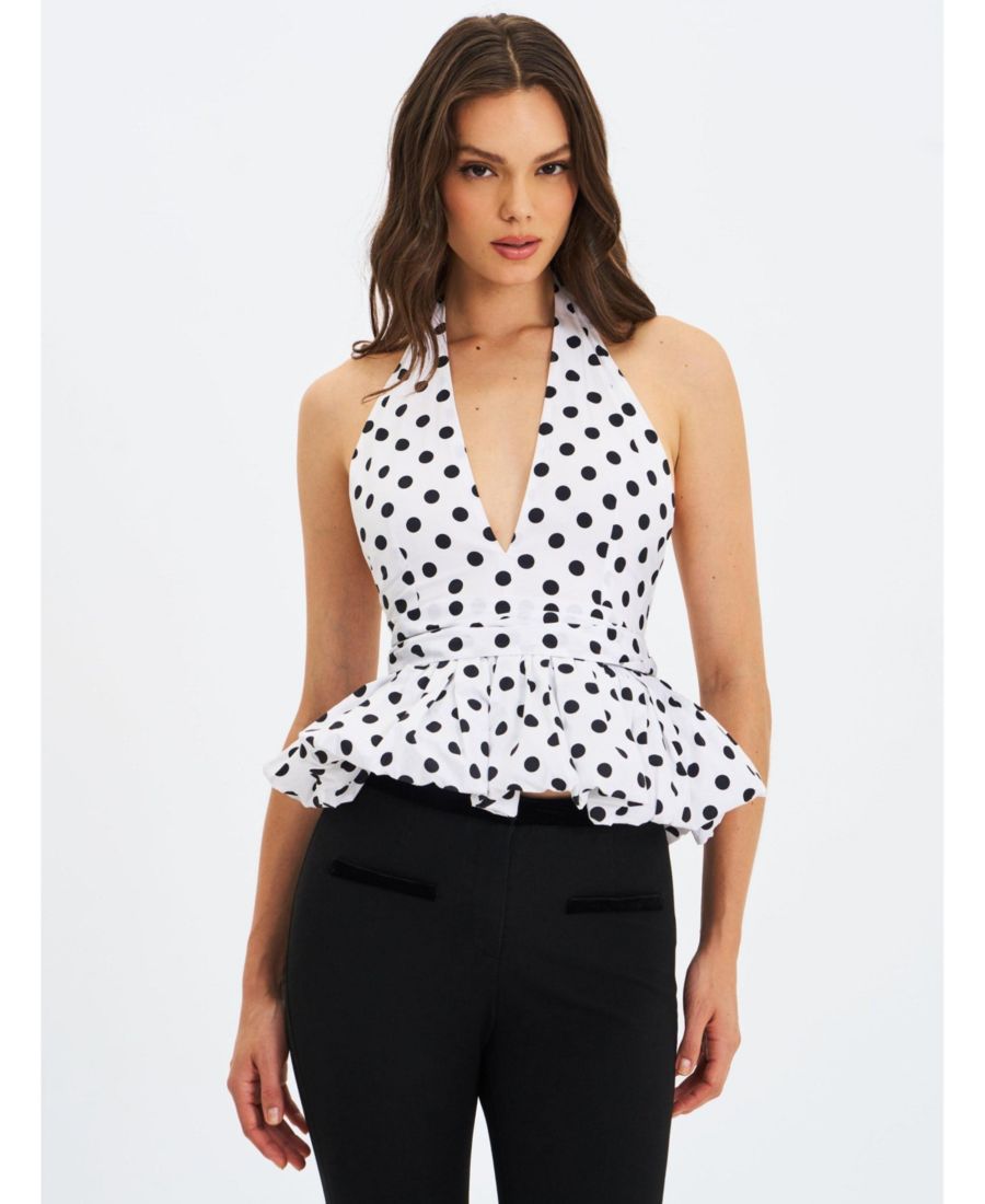 

Женский топ Ilene в бело-черную точку с объемным низом и завязками на шее Miss Circle, Polka dot