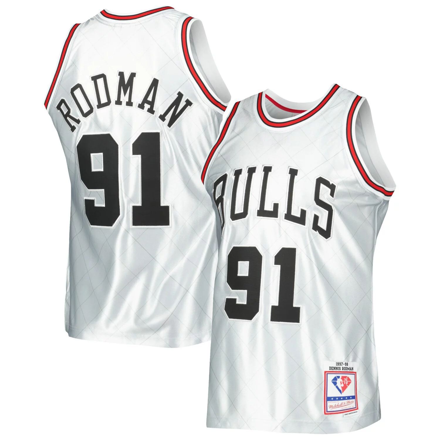 

Мужская майка Mitchell & Ness Dennis Rodman Platinum Chicago Bulls 1997-98 Hardwood Classics, посвященная 75-летию Swingman