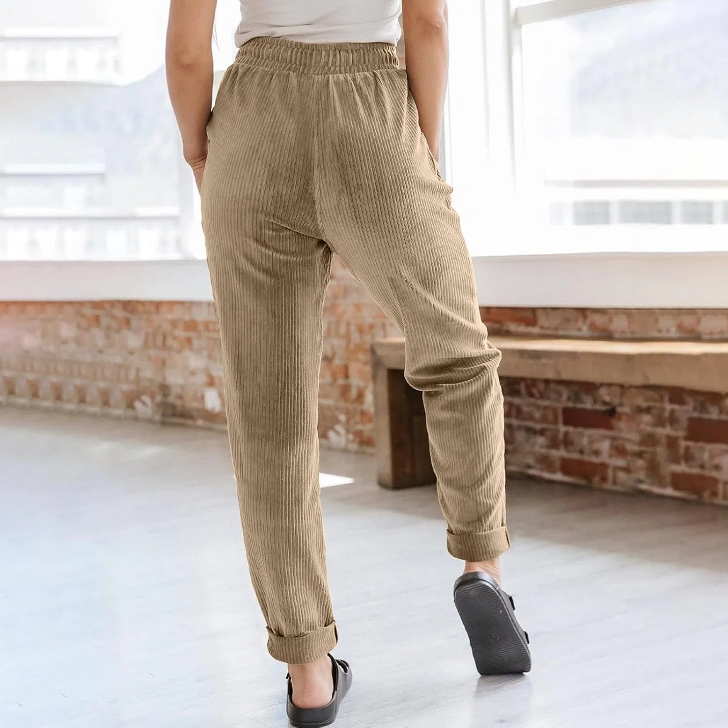 Женские брюки из вельвета Casual комфортные рабочие штаны мешковатые на шнурке с эластичным поясом свободного кроя прямые с карманами Generic, хаки — фото 4