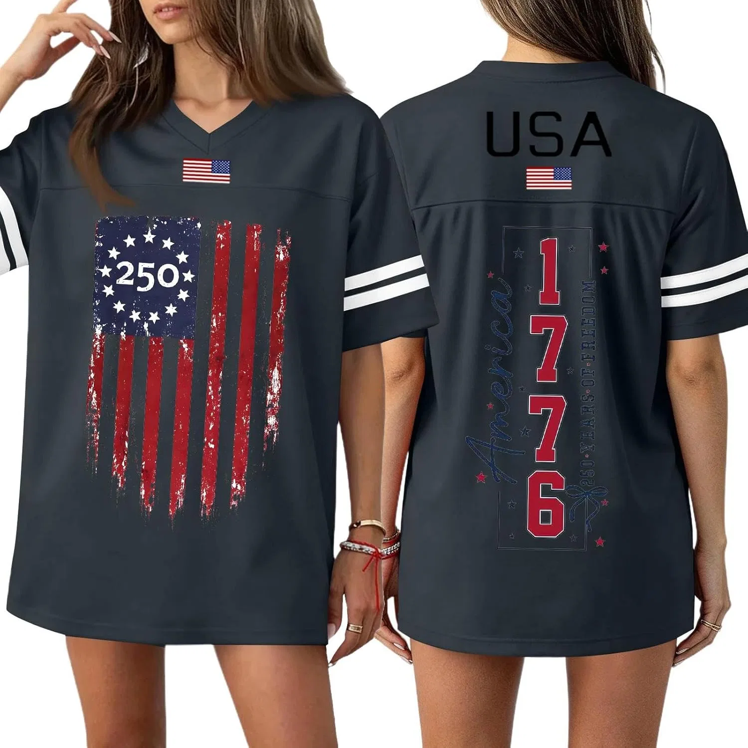 Generic Женская свободная рубашка American Apparel USA, красно-бело-синяя, ко Дню независимости США, с V-образным вырезом и коротким рукавом, спортивная одежда