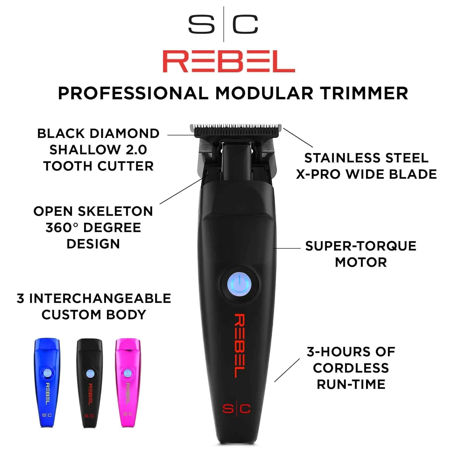 Комплект беспроводного триммера для волос Stylecraft Rebel Professional с модульным двигателем Super-Torque и функцией обрезки волос Schnozzle для носа и ушей., Black — фото 4