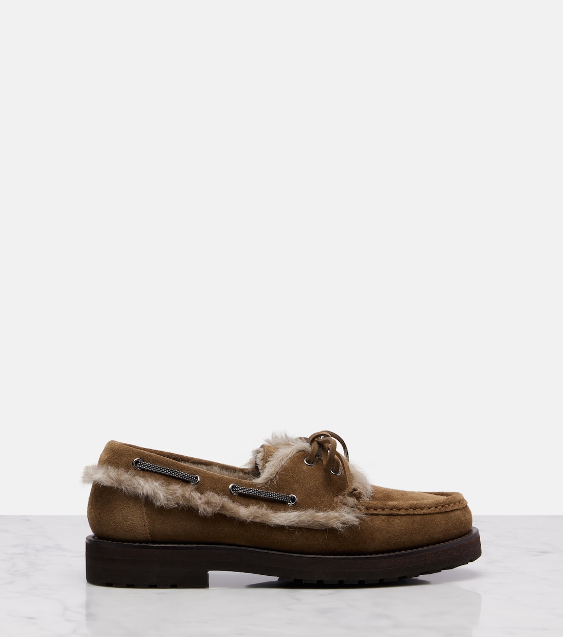 Замшевые туфли-лодочки с подкладкой из овчины Brunello Cucinelli, Sesame — фото 4