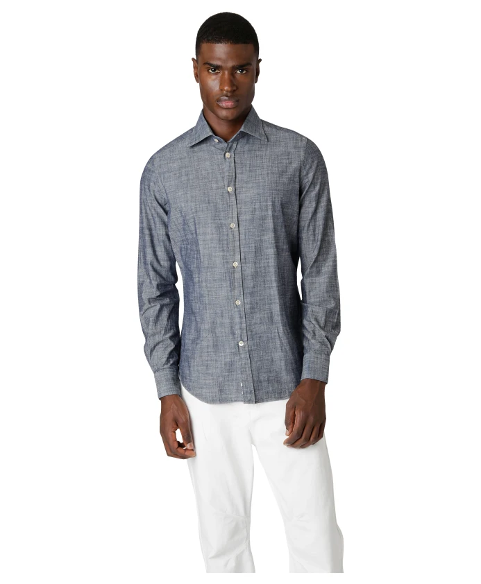 

Приталенная хлопковая рубашка с итальянским воротником. Eleventy, синий