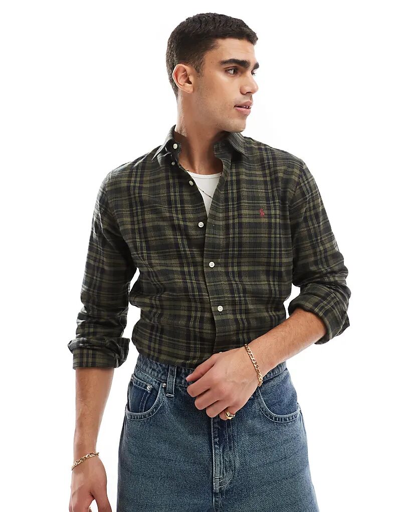 

Рубашка из твила с логотипом icon check performance темно-зеленого цвета Polo Ralph Lauren