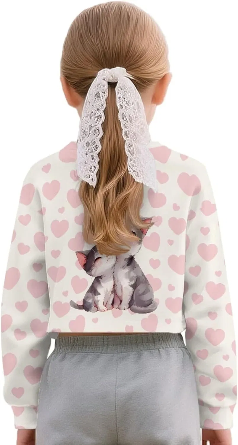Детский укороченный свитшот с принтом Cat Love Heart, Coldinair, розовый — фото 3