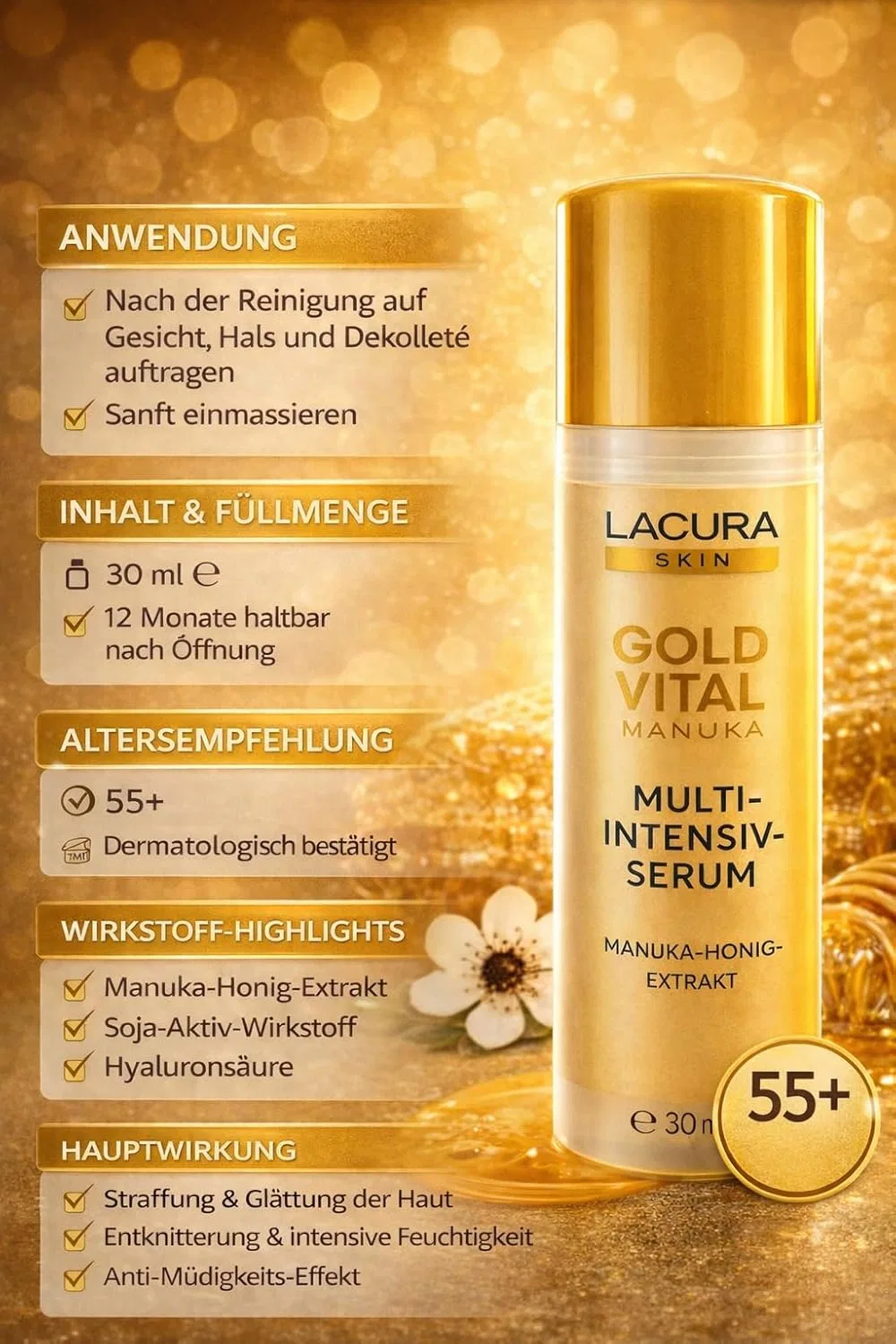 Сыворотка RB&G — Женская антивозрастная «Gold Vital Manuka Multi-Intensive Serum» от Lacura — фото 3