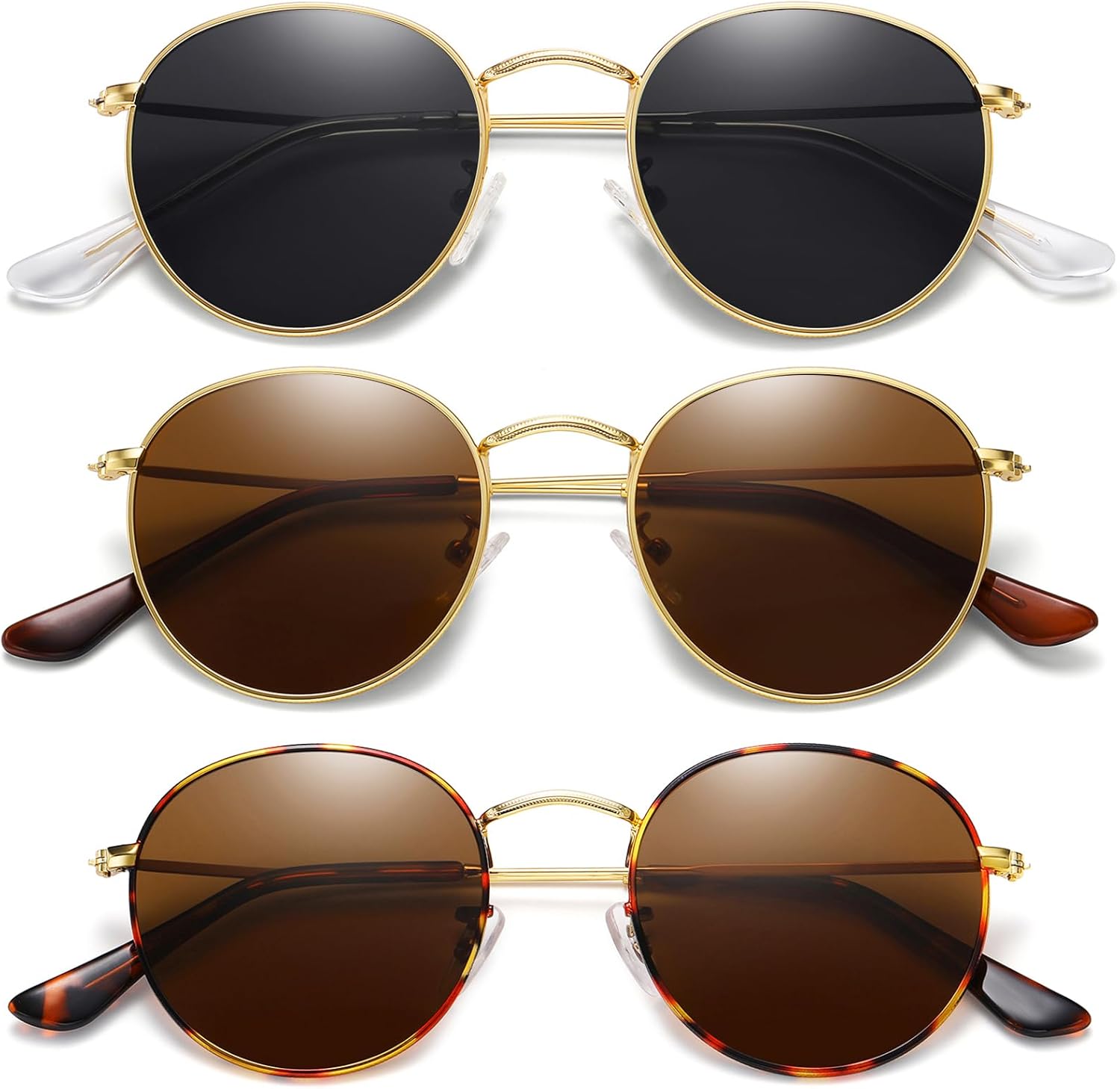 

Круглые поляризованные солнцезащитные очки MEETSUN для женщин и мужчин, классическая ретро-металлическая оправа, защита от УФ-излучения, (3 Pack) Gold/Grey + Gold/Brown + Leopard/Brown
