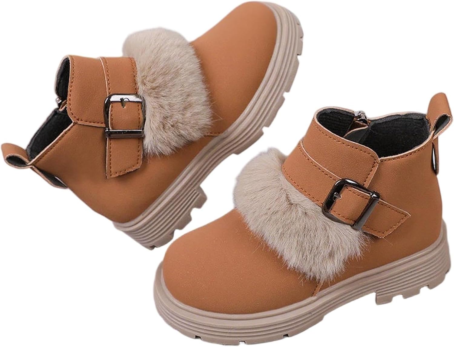 

Детские зимние ботинки для девочек на снег из замши с пряжкой, плюшевой подкладкой, короткие ботинки с плоской подошвой, нескользящие с боковой молнией Generic, Coffee