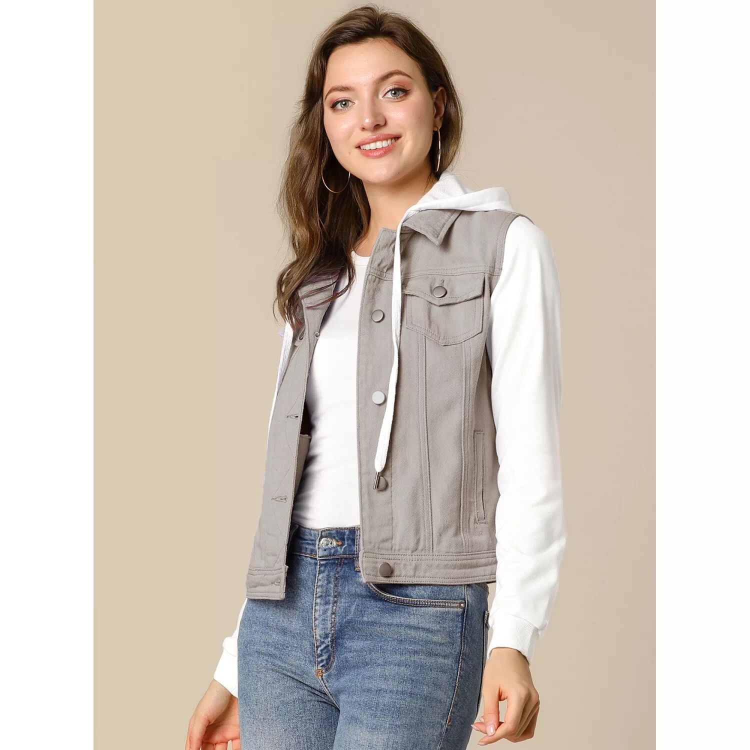 

Женская джинсовая куртка на пуговицах с длинным рукавом и капюшоном на шнурке Джинсовые куртки ALLEGRA K, черный