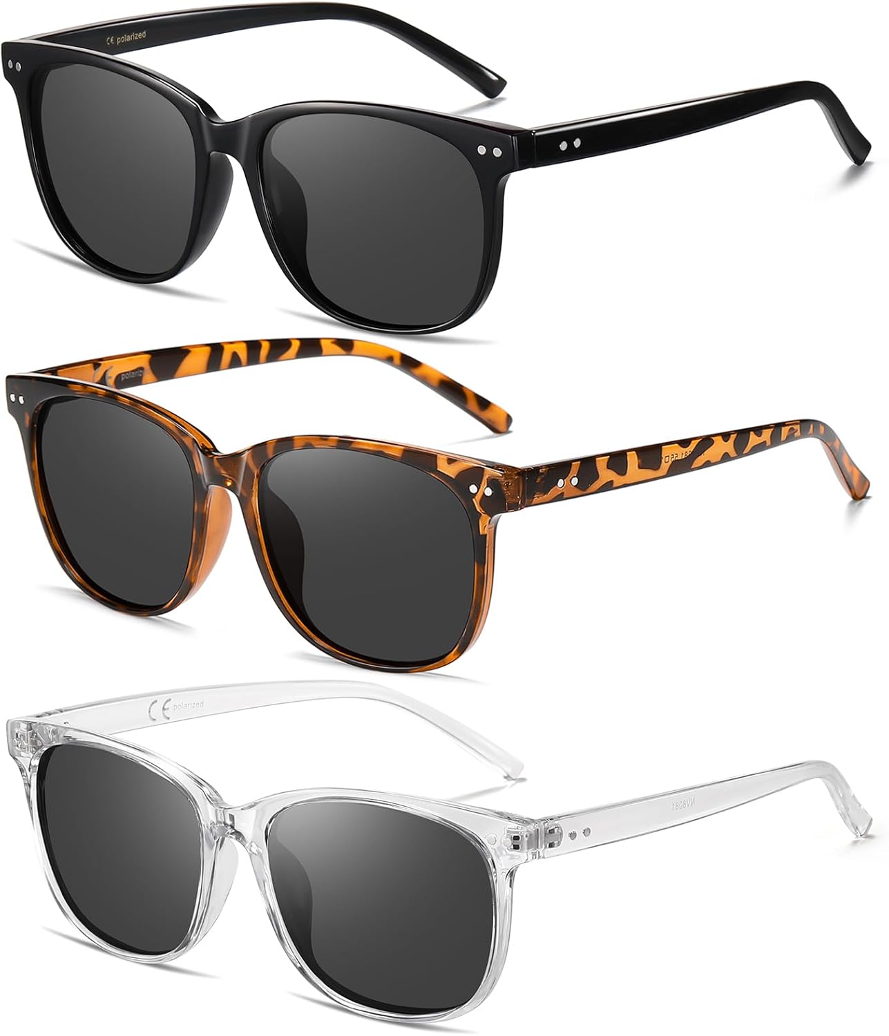 

Комплект из 3 поляризованных солнцезащитных очков Wzerry для женщин - модные очки в крупной оправе, легкие, с линзами, защищающими от УФ-излучения UV400, Black/Grey + Brown Tortoise/Grey + Clear/Grey
