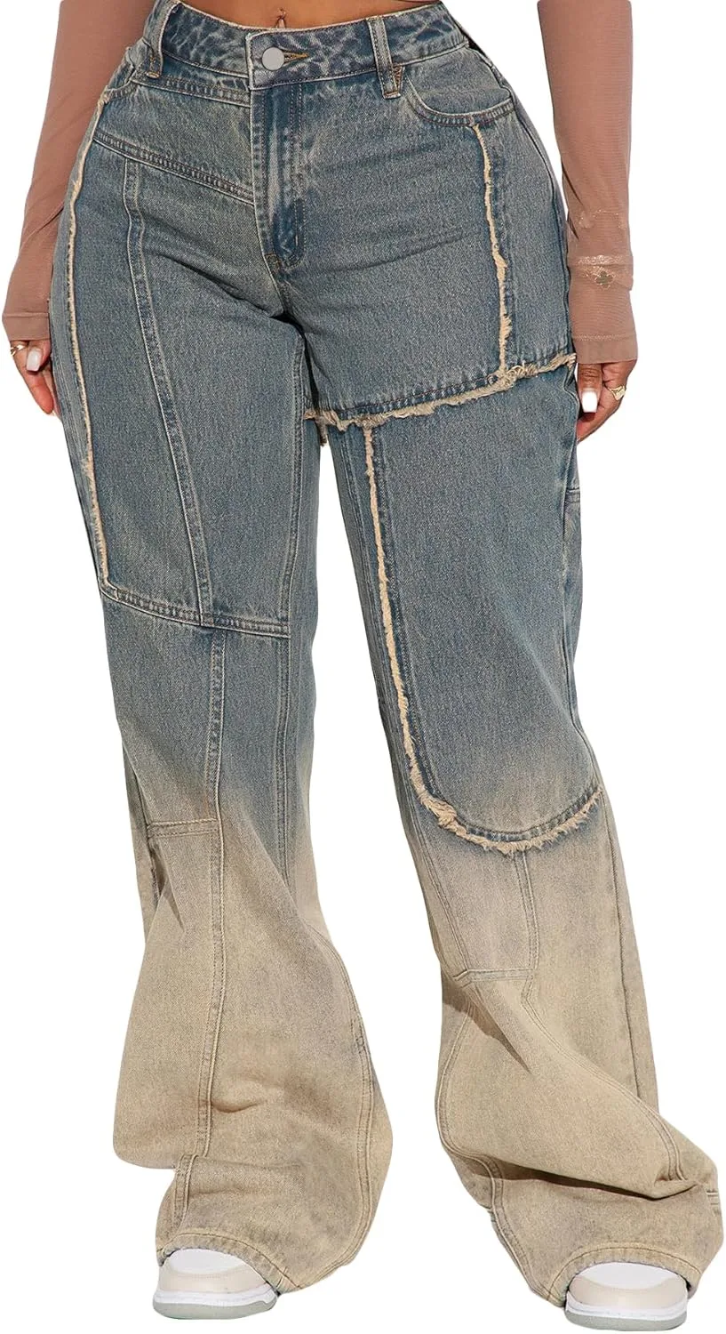 

HuiSiFang женские джинсы Boyfriend Casual High Waisted Y2k Plus Size Patchwork Denim Pants Straight Leg
