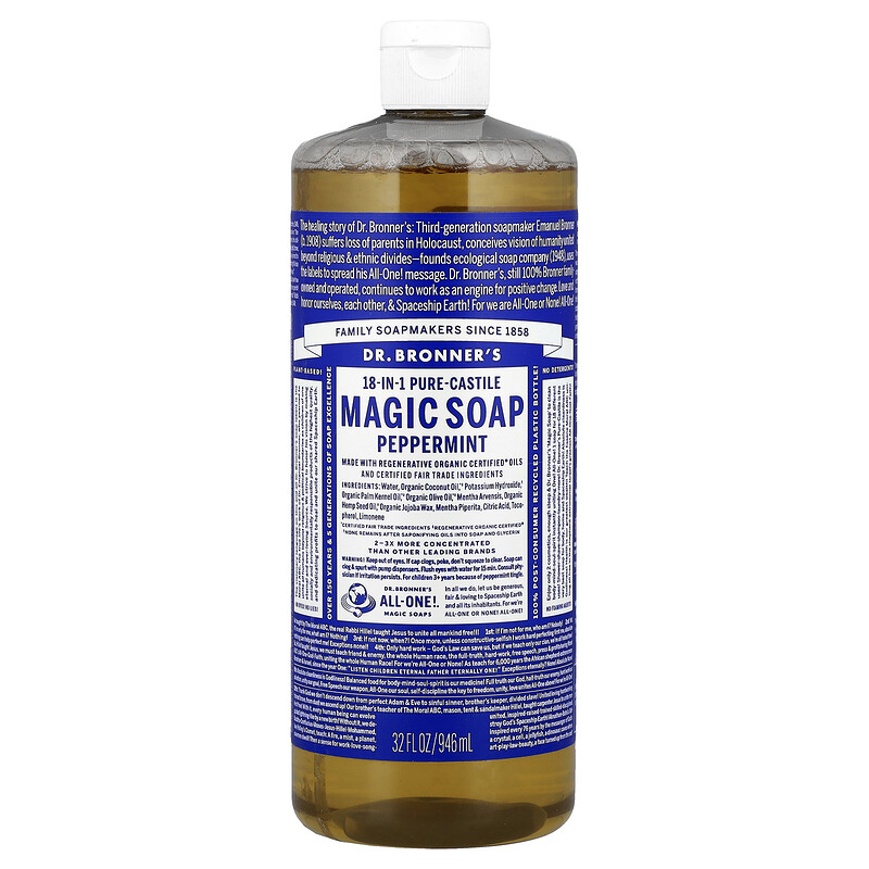 

Dr. Bronner's, Чистое кастильское мыло из конопли 18 в 1, перечная мята, 946 мл (32 жидк. унц.)