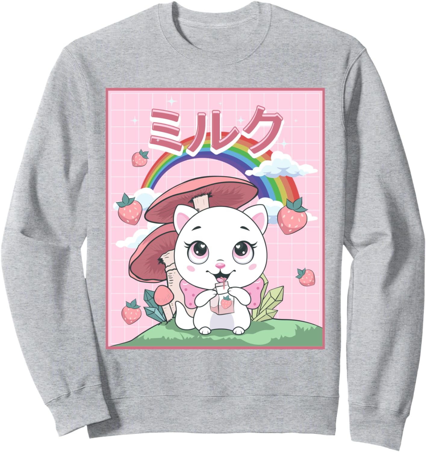 

Стиль коттеджкор, милый кот, толстовка с клубничным молоком Cottagecore Aesthetic Clothing Alt Indie Goblincore, серый