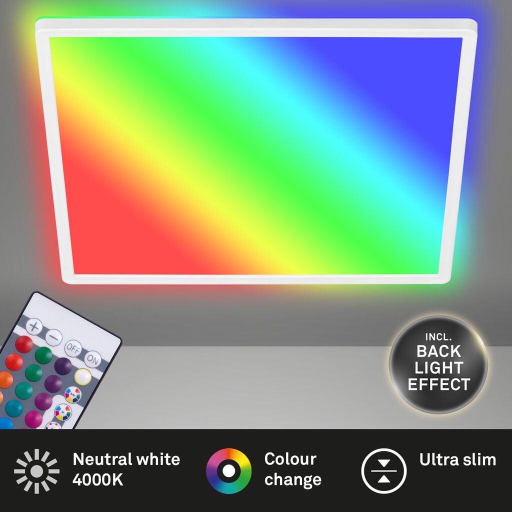 

Светодиодная панель RGB BRILONER LIGHTS SLIM, 15 Вт, 1850 лм, IP20, белая, пластик, с регулировкой яркости, с пультом, 29,3 х 29,3 х 3,2 см, белый