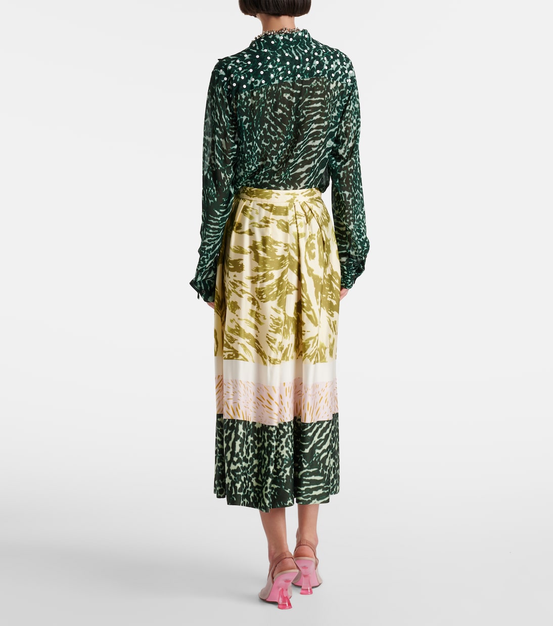 Печатная сатиновая миди-юбка Dries Van Noten, хаки — фото 3