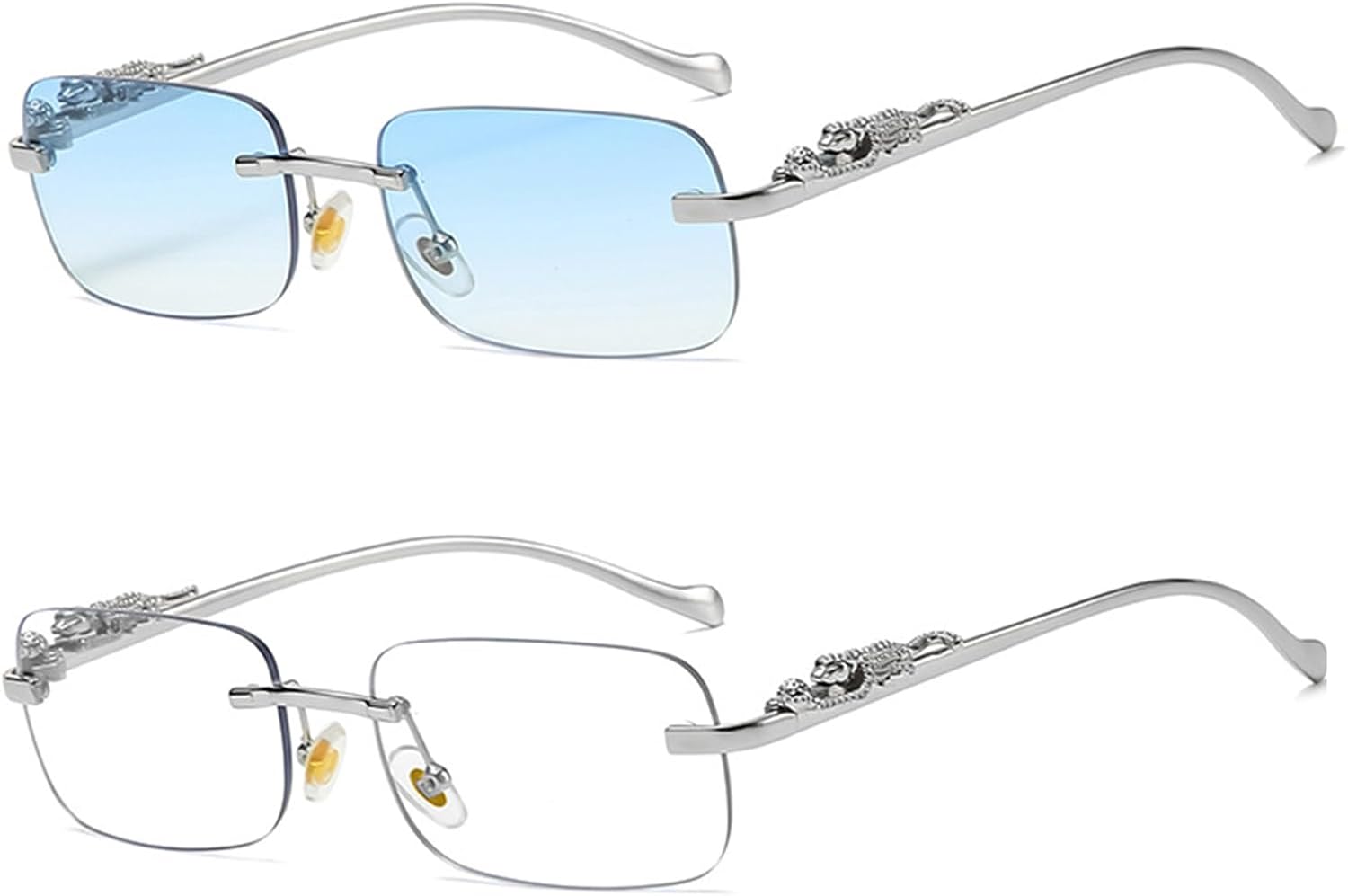 

Винтажные маленькие прямоугольные солнцезащитные очки без оправы, металлические, золотистые, серебристые, с леопардовым принтом, для женщин и мужчин TOSGMLOUS, 2pack ( Silver/Blue + Silver/Clear)