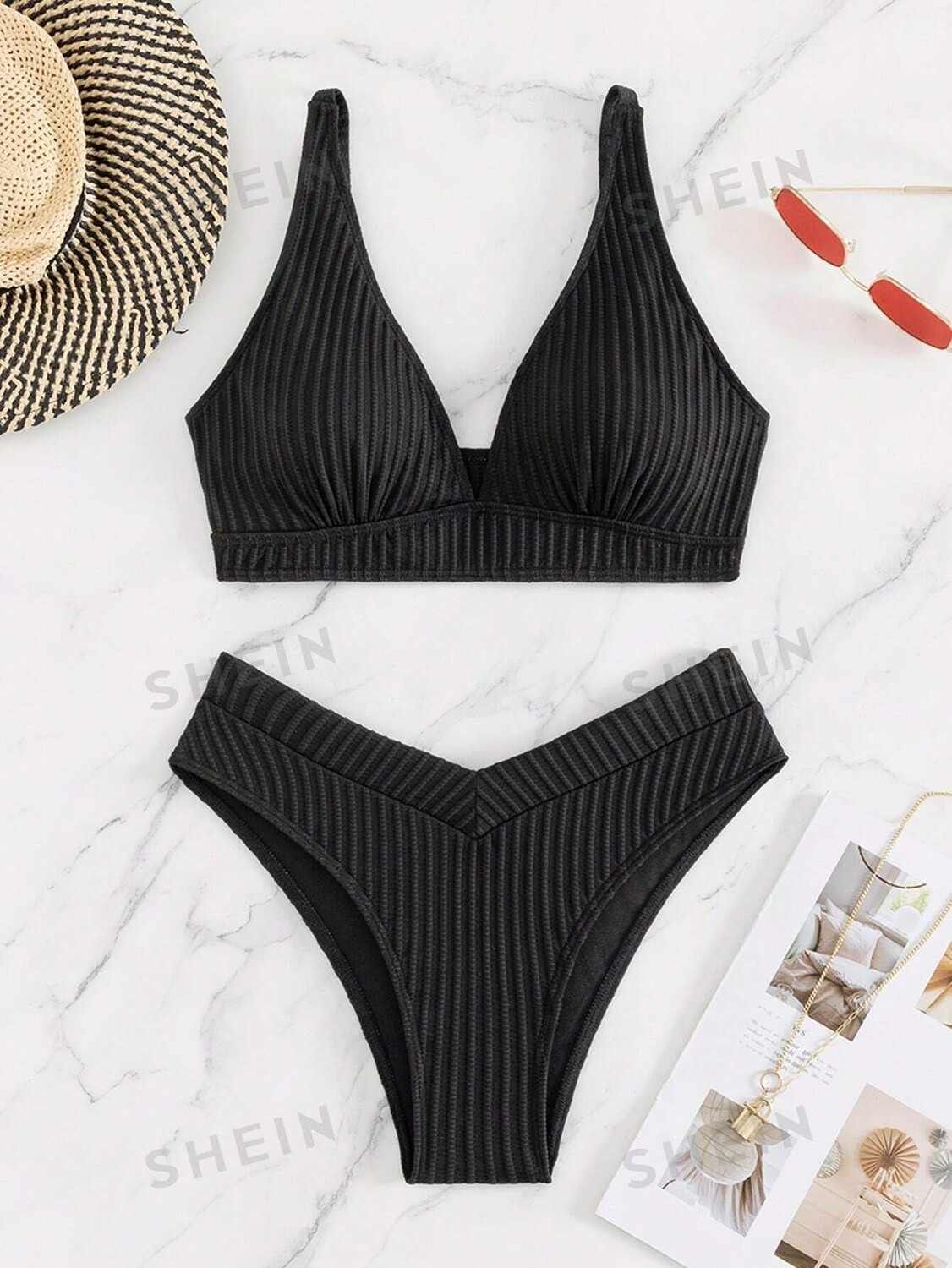 

Купальник женский Shein Swim Basics в полоску, черный