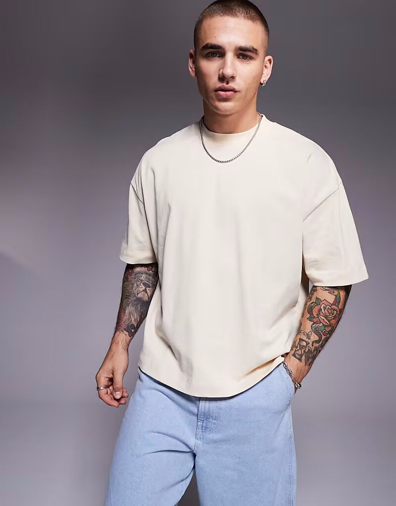 

Футболка свободного кроя ASOS DESIGN из плотной ткани с заниженной линией плеч кремового цвета