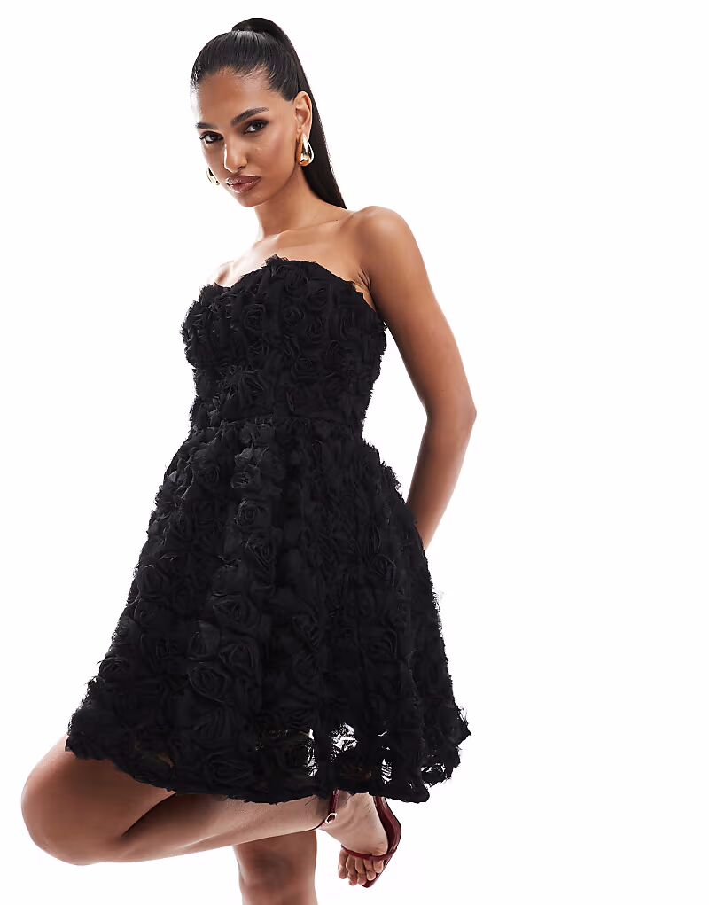 

Платье-бандо с 3D-цветочным принтом ASOS LUXE, мини, черное