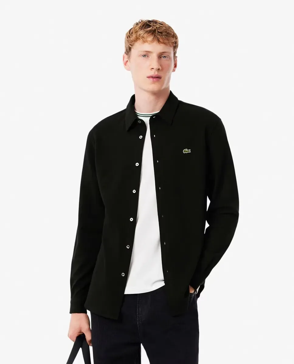 Lacoste Мужская рубашка с длинным рукавом из хлопкового пике черного цвета приталенного кроя