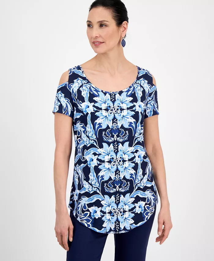 

Женский короткий топ с принтом и холодным плечом JM Collection, синий
