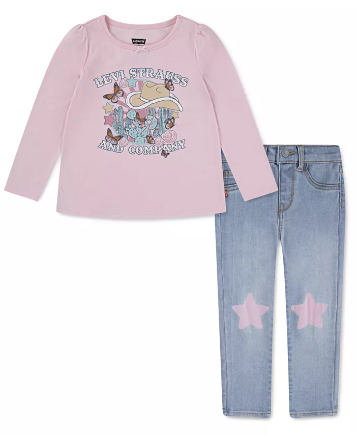 

Комплект из двух предметов: топ в стиле вестерн и джинсы со звездами для маленьких девочек Levi's