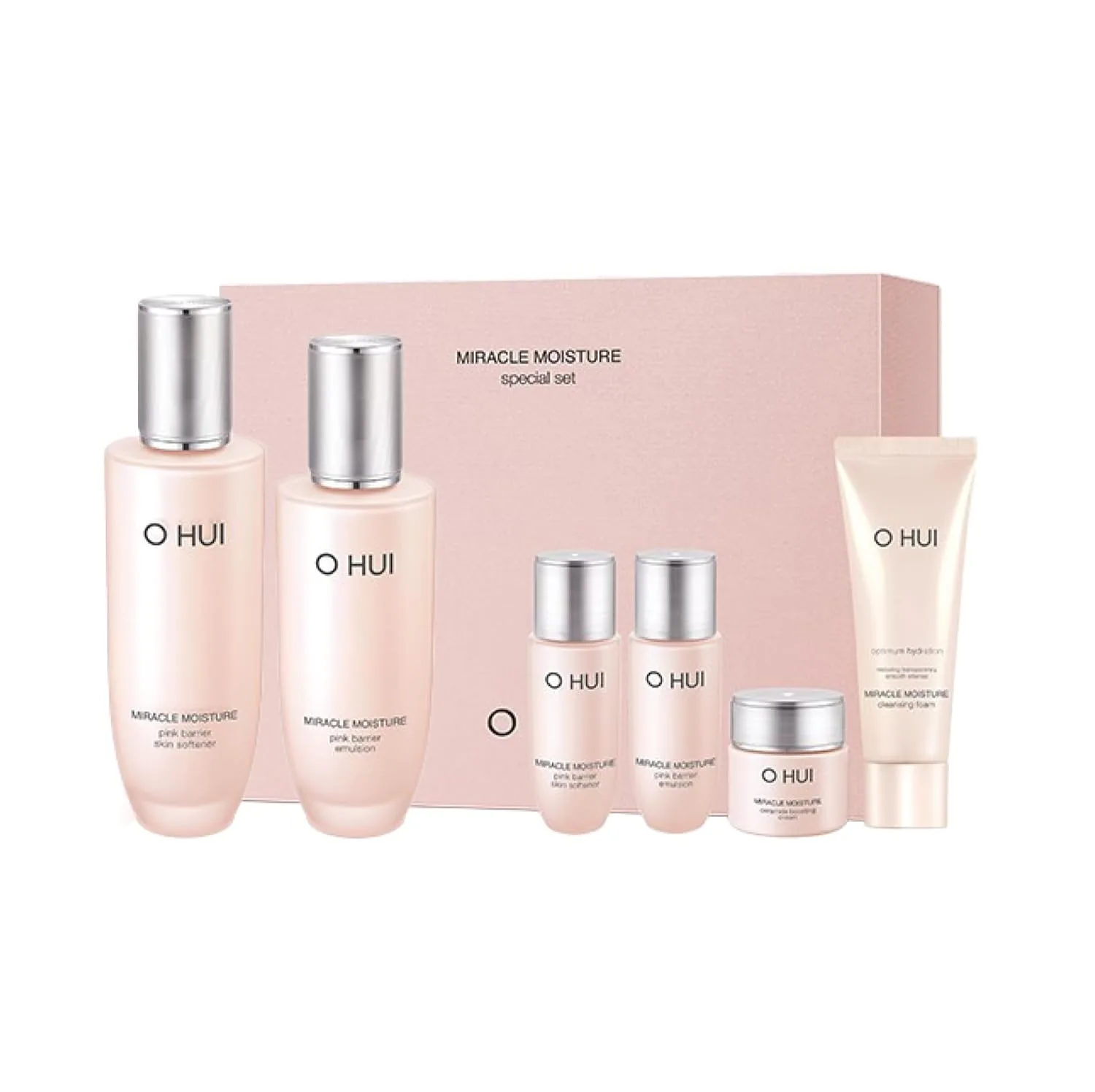 O HUI Miracle Moisture Set | Корейский набор для ухода за кожей, 2 полноразмерных средства + 4 дорожных миниатюры | Укрепляет кожный барьер, сияющая кожа, стеклянная кожа | Лосьон-смягчитель, пенка для умывания, эмульсия, Pink