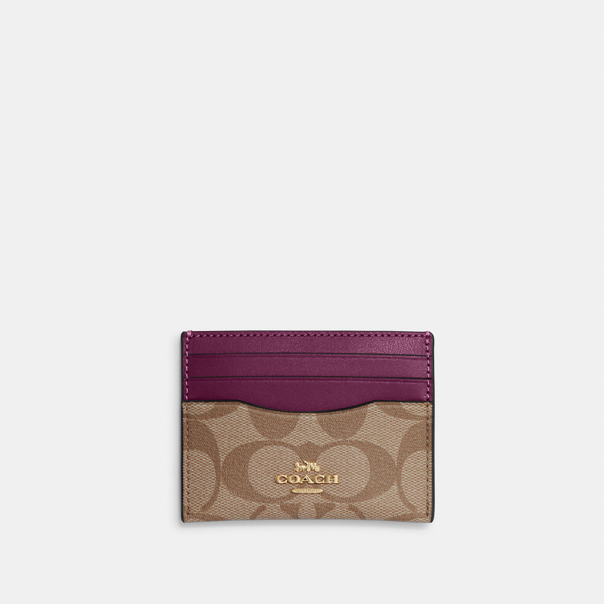 

Тонкий чехол для визиток Coach Outlet из фирменной парусины, цвет Gold/Khaki/Deep Berry