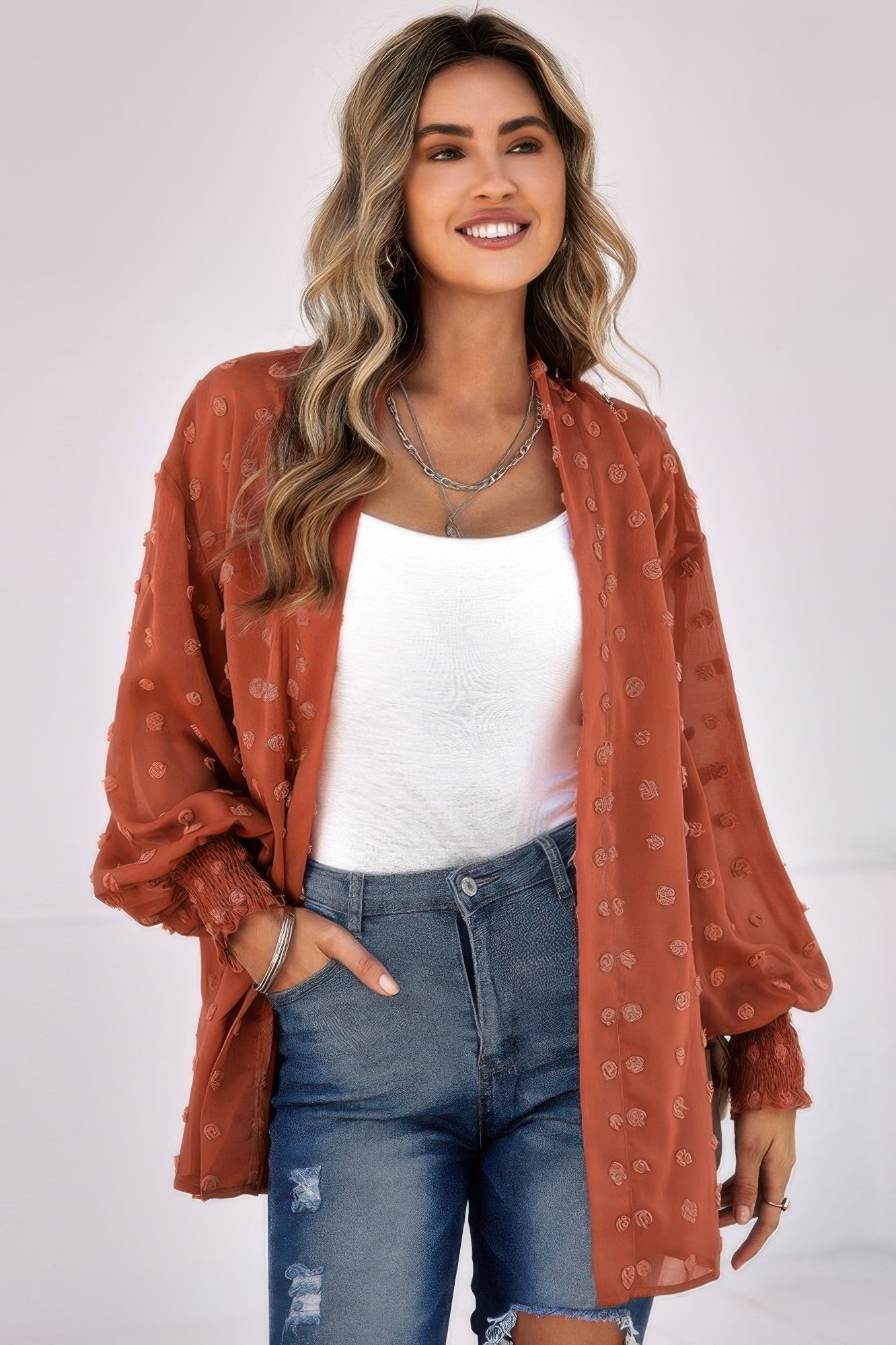 

Polka Dot Kimono Loose Front Open Top TRUEDAMES, Rust