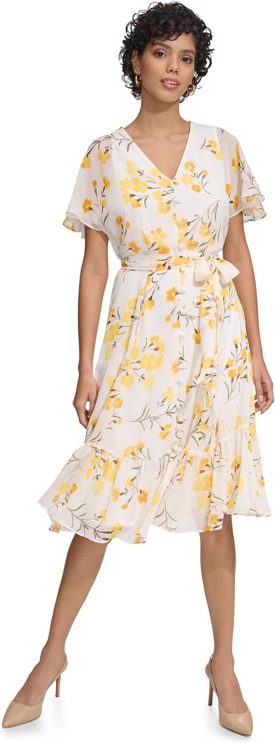 

Платье Calvin Klein Chiffon Midi Dress with Flutter Sleeves, цвет Golden Mul
