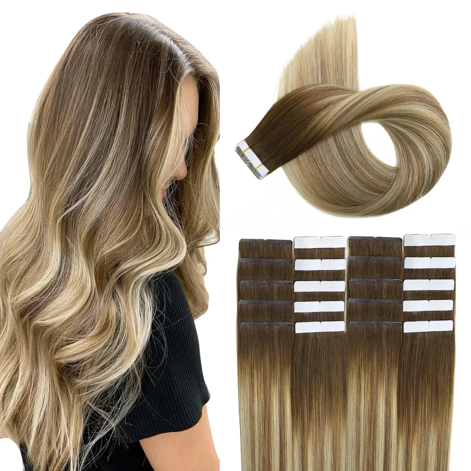 Накладные пряди для волос на лентах «Remy» от XDhair, коричневые с пепельно-русым и золотистым блондом Xdhair, #39A60