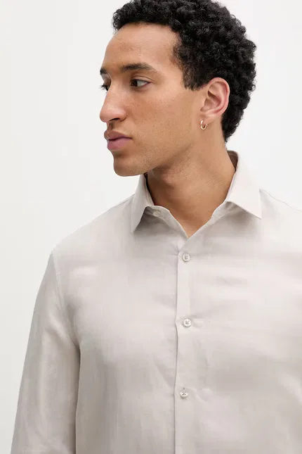 Рубашка из льна с кроем slim fit Calvin Klein, бежевый — фото 4