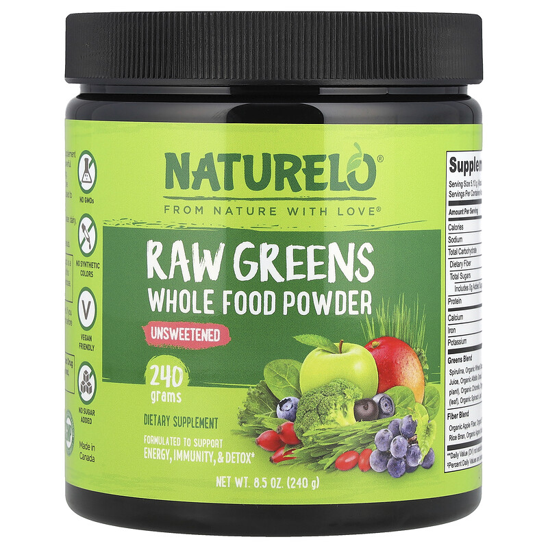 

NATURELO, Порошок из цельных продуктов из необработанной зелени, несладкий, 240 г (8,5 унции)