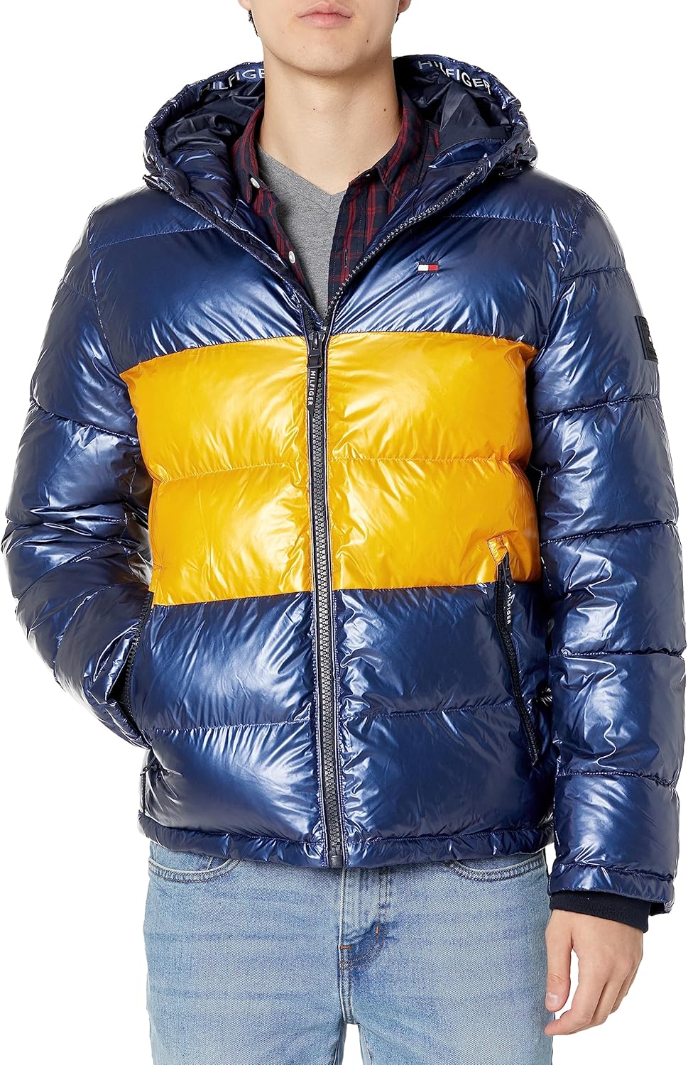 

Мужская стеганая куртка с капюшоном Tommy Hilfiger (стандартная и для больших и высоких), Pearlized Navy/Yellow