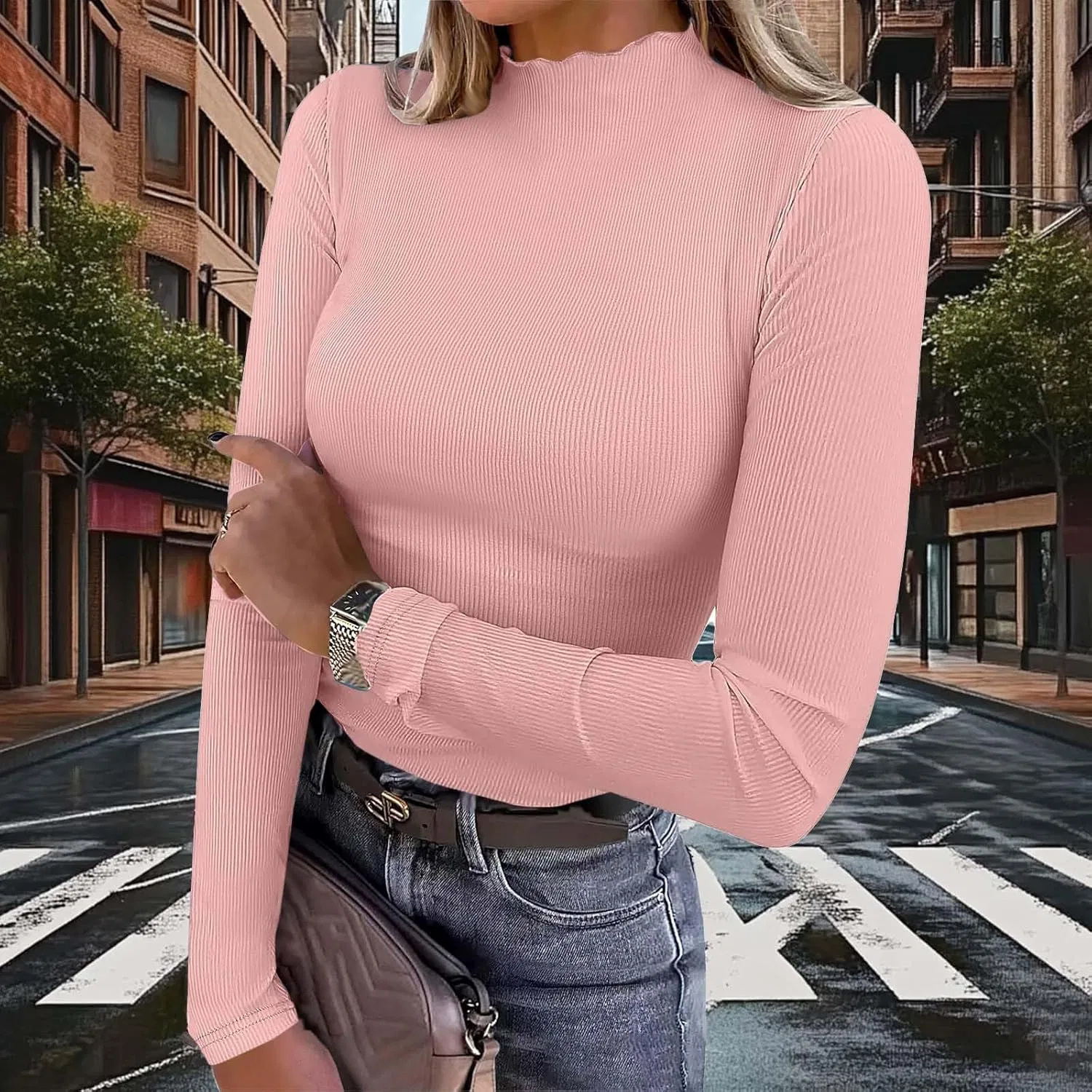 Generic Женский топ с воротником-стойкой и отделкой в ​​виде листьев салата, трикотажные рубашки с длинными рукавами в рубчик, осенние повседневные и нарядные многослойные образы 2025 года, розовый — фото 2
