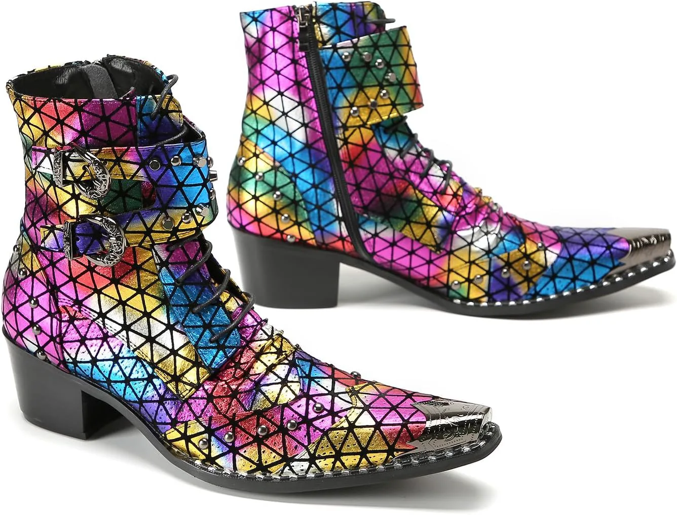 

Мужские готические панк-ботинки Santimon в западном стиле с пряжкой - настоящая кожа, металлический заостренный носок, ботинки на шнуровке с пряжкой и заклепками для клуба, вечеринки или сцены