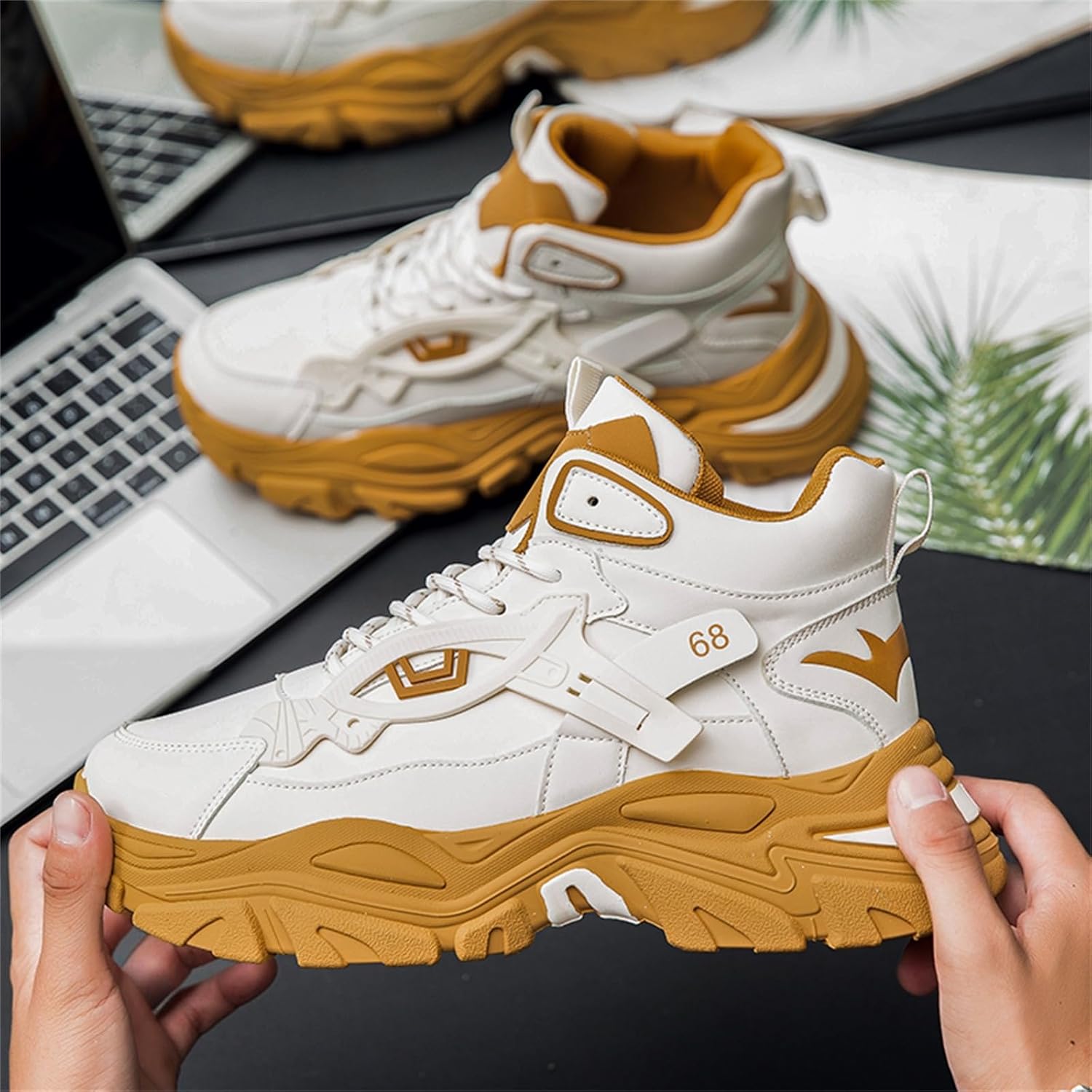 Мужские ретро-кеды TengfeiFly с высокой шнуровкой, толстыми каблуками, кожаные, с геометрическим дизайном, дышащие, с амортизирующей стелькой и плотной подошвой для повседневной носки, прогулок и вождения, желтый — фото 2