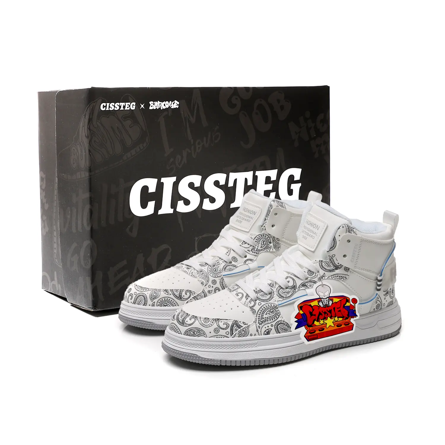 

CISSTEG Высокие скейтерские кроссовки мужские чернильно-синие жемчужно-белые, цвет Pearl White