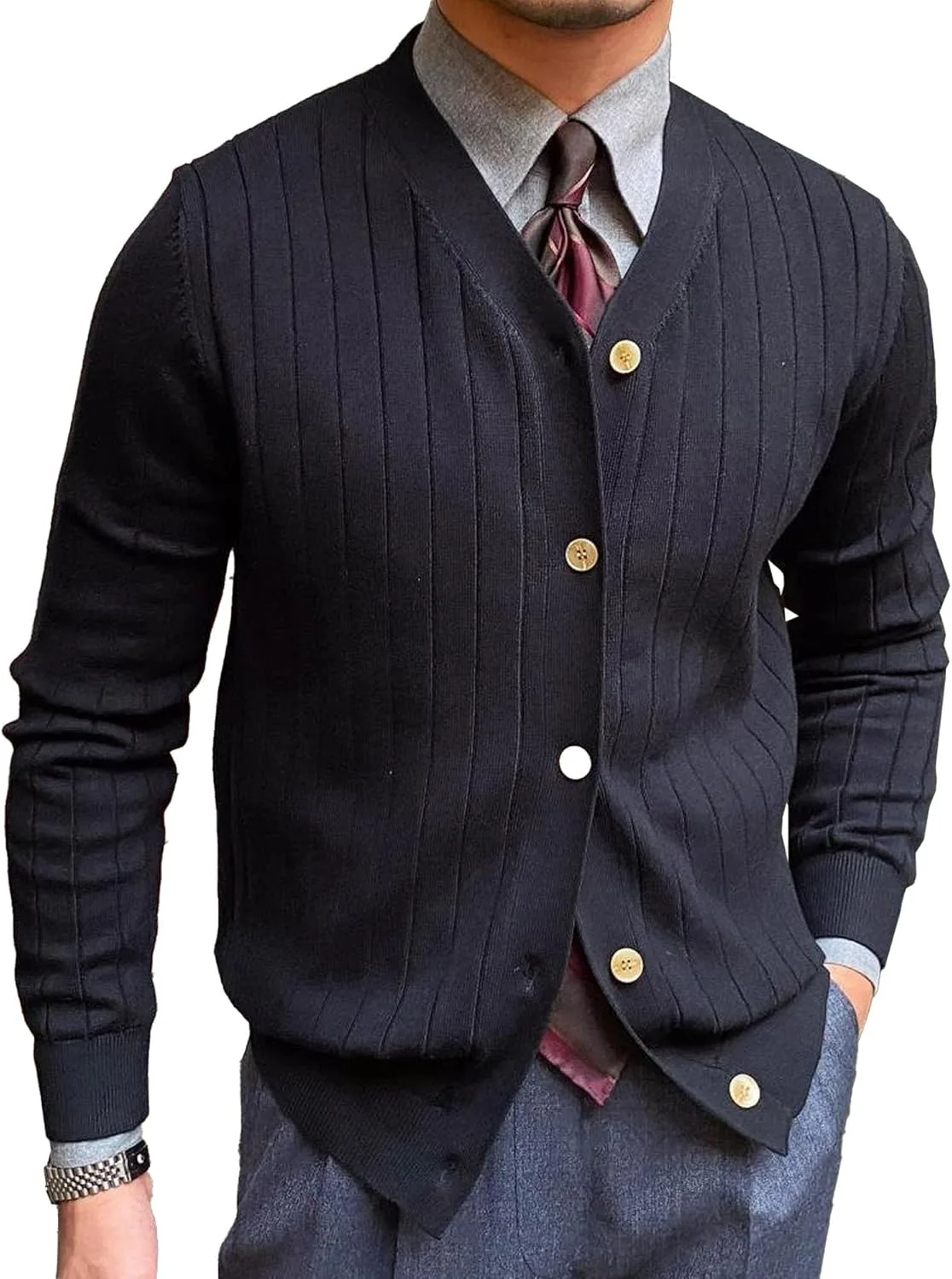 Мужской кардиган Slim Fit с длинными рукавами и V-образным вырезом, вязаный кабельным узором, из смесовой шерсти