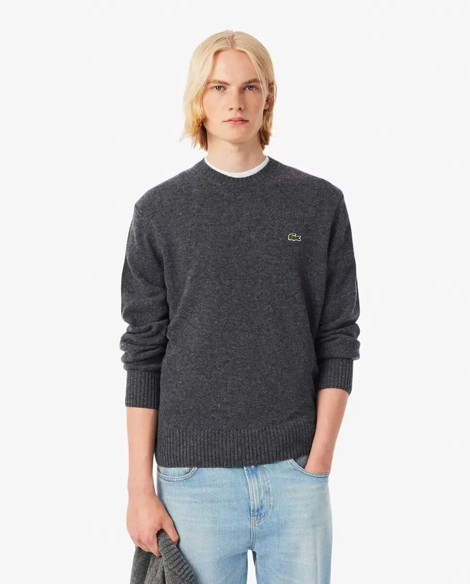 Мужской свитер с круглым вырезом из кардной шерсти Lacoste, темно-серый