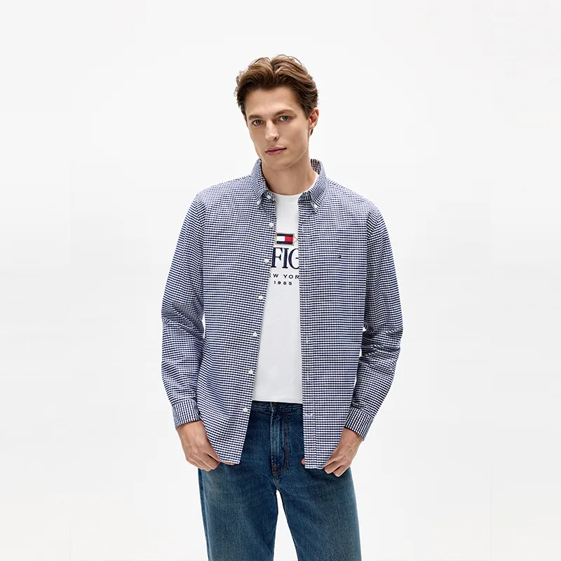 Рубашка мужская с лацканом Tommy Hilfiger, Blue White Plaid Pattern 0MV — фото 4